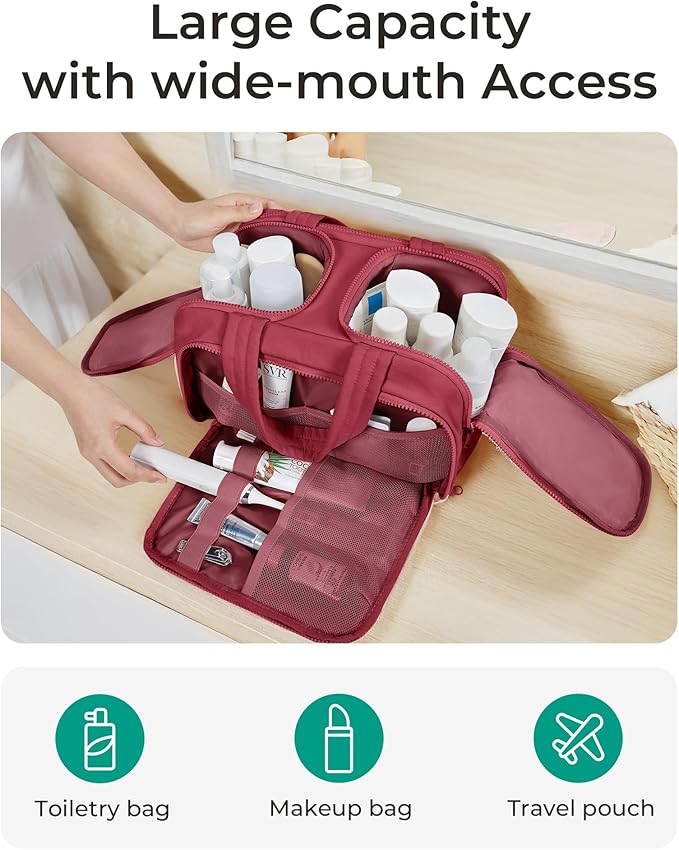 BAGSMART Travel Toiletry Bag, Puffy Toiletry Bag for Women, Wide-open toiletry bags for traveling, Large Travel Cosmetic Makeup Bag Organizer for Accessories,Toiletrie (Vintage Berry)