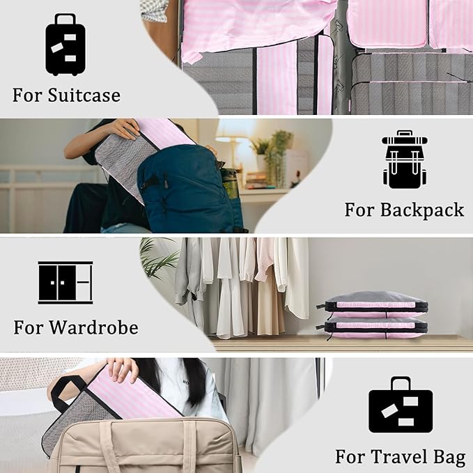 U+U 10 Set Compression Packing Cubes - Ultralight Pink Stripe Travel Organizers with Laundry Bag, Space-Saving Suitcase Organizer, Expandable Packing Cubes for Travel and Family Vacation (Pink Stripe)