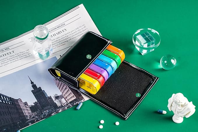 Pill Organizer,LIZIMANDU Weekly Travel Pill Case Box Medication Reminder Daily AM PM, Day Night 7 Compartments,for 4 Times A Day, 7 Days a Week-Includes Leather PU Carrying Case (Pure Black)