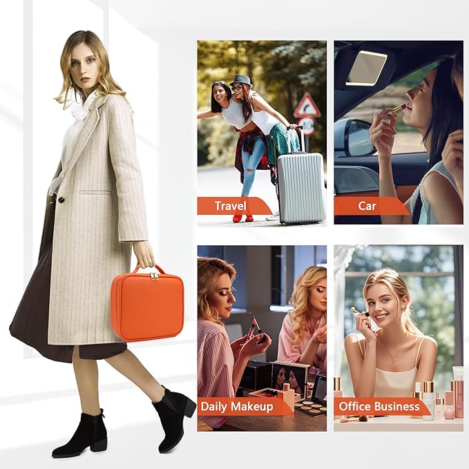 Travel Makeup Bag for Makeup Artists Large Makeup Case,with Mirror 3 Color Setting and Detachable 10x Magnifying Mirror Travel Makeup Bag,Portable Storage and Adjustable Dividers (orange)