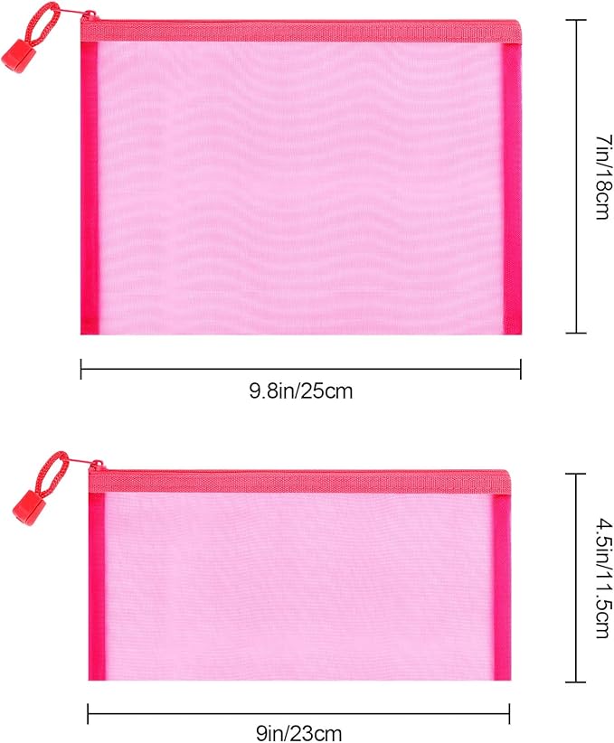 12 Pieces Zipper Nylon Mesh Pouch, Mesh Cosmetic Bags Makeup Bags Pencil Case, Multipurpose Travel Bags for Cosmetic School Office Supplies and Travel Accessories (Hot Pink, A5+B6)