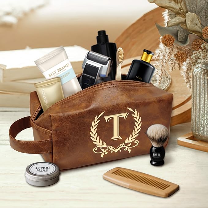Engraved Travel Toiletry Bag Leather Waterproof Kit, Shaving Bag for Toiletries Accessories, Travel Wash Bag for Him(T)