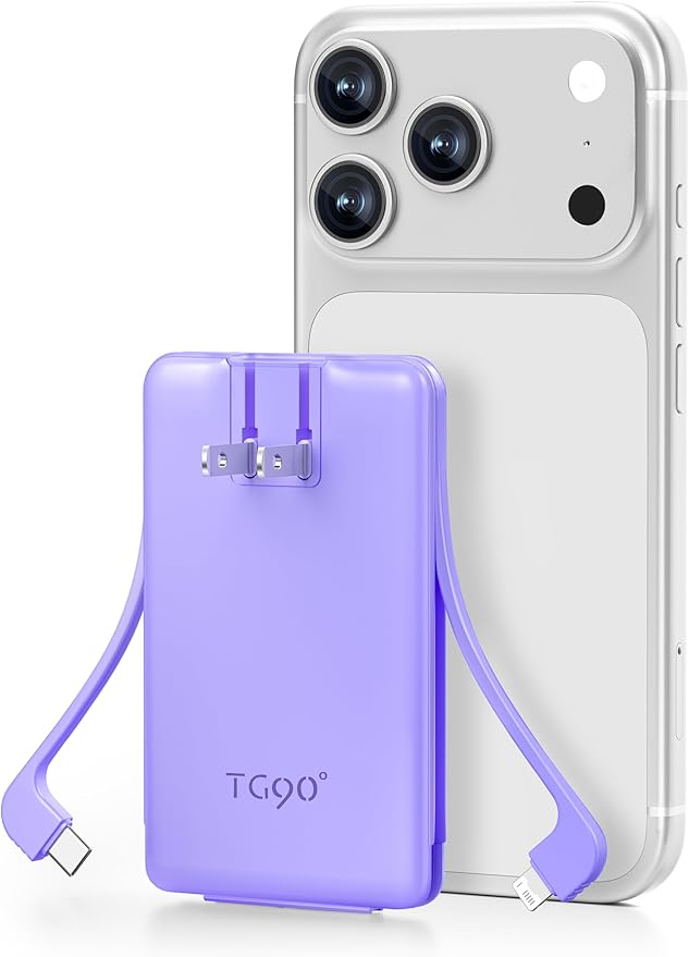 TG90° Ultra Slim 5000mAh Power Bank Built-in AC Wall Plug and Cables, Pocket Size USB C Portable Charger, External Battery Pack Compatible with iPhone 17 16 15 14 13 12 Samsung S22 S21 Google iPad