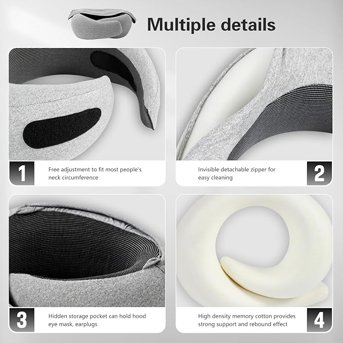 Neck Travel Pillow, Airplane Pillow for Traveling, Adjustable Flight Pillow, Memory Foam Airplane Pillow for Side, Breathable & Hypoallergenic for Long Flights, Cars, Trains & Office