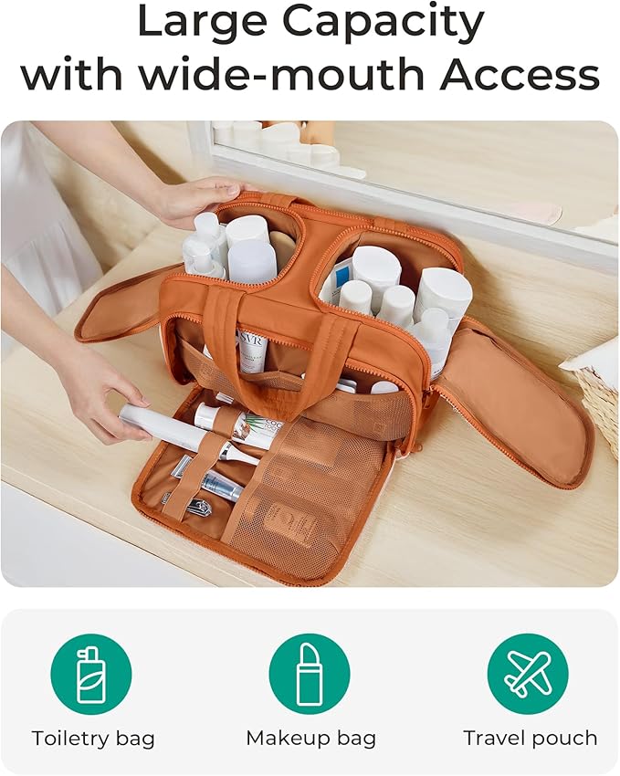 BAGSMART Travel Toiletry Bag, Puffy Toiletry Bag for Women, Wide-open toiletry bags for traveling, Large Travel Cosmetic Makeup Bag Organizer for Accessories,Toiletrie (Sandstore Brown)