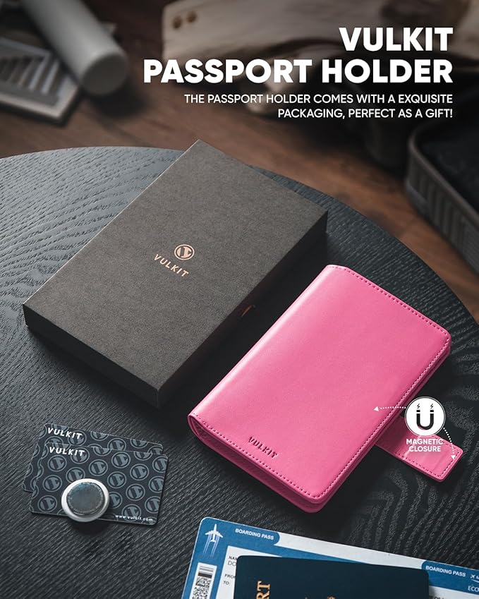 VULKIT Passport Holder with Airtag Holder RFID Blocking Passport Wallet Travel Leather Passport for Women(Rose)