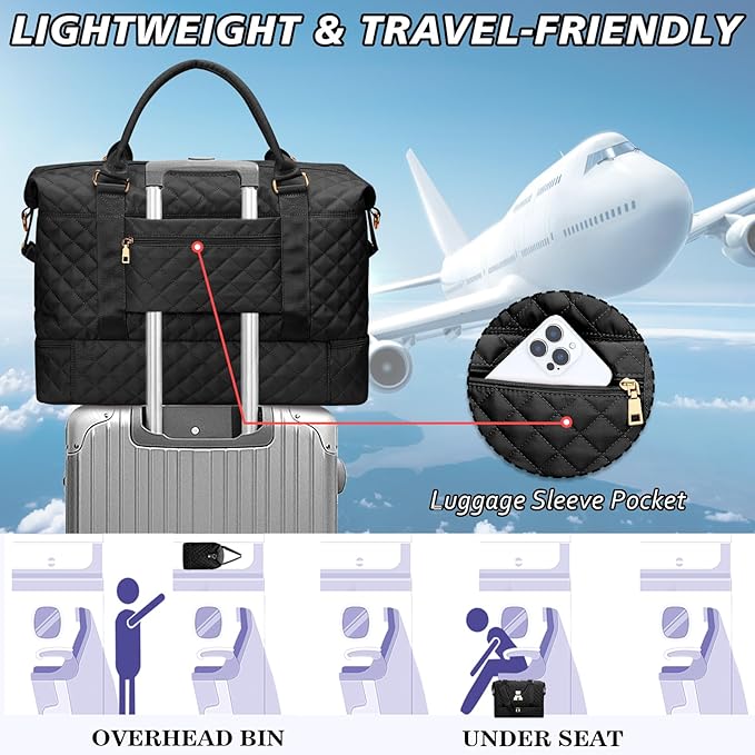 Gifts for Friend Women Girls Birthday Christmas Initial Travel Duffle Bag Quilted Weekender Bags Carry-On Overnight with Cosmetic Bag, Gym Bag with Shoe Compartment, Black R