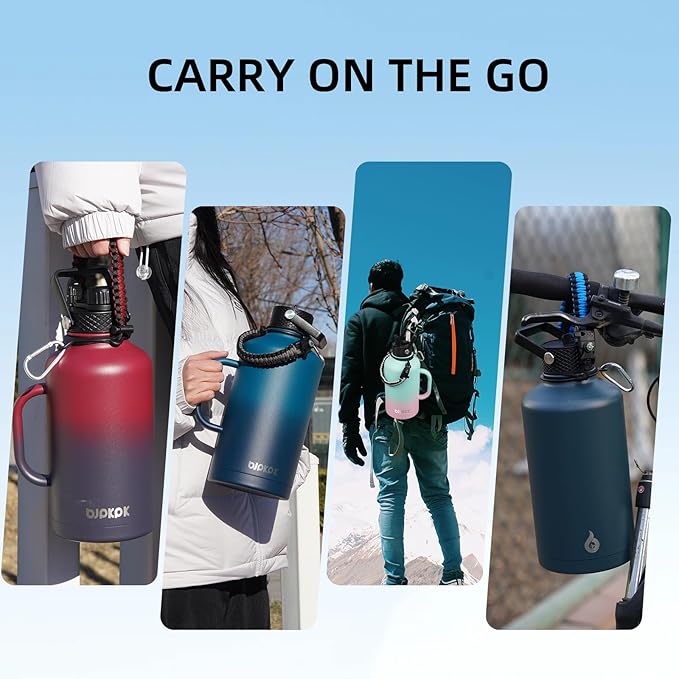 BJPKPK Large Insulated Water Bottles with Straw Lid & Handle, 50oz, 64oz, 87oz, 128oz Water Bottle with 3 Lids and Paracord Strap, Stainless Steel Metal Water Bottle, Insulated Water Jug, Vast