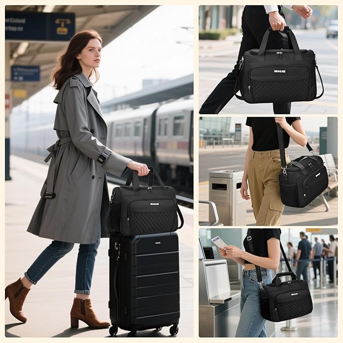 Travel Duffle Bag for Women, Underseat Carry On luggage Bag Foldable Overnight Weekender Hospital Bag Lightweight Airplanes Personal Item Travel Tote Bag for Women Birthday Gifts, 18IN Black