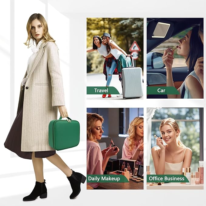 Travel Makeup Bag,with Mirror 3 Color Setting and Detachable 10x Magnifying Mirror Travel Makeup Bag,Portable Storage and Adjustable Dividers(Dark green)