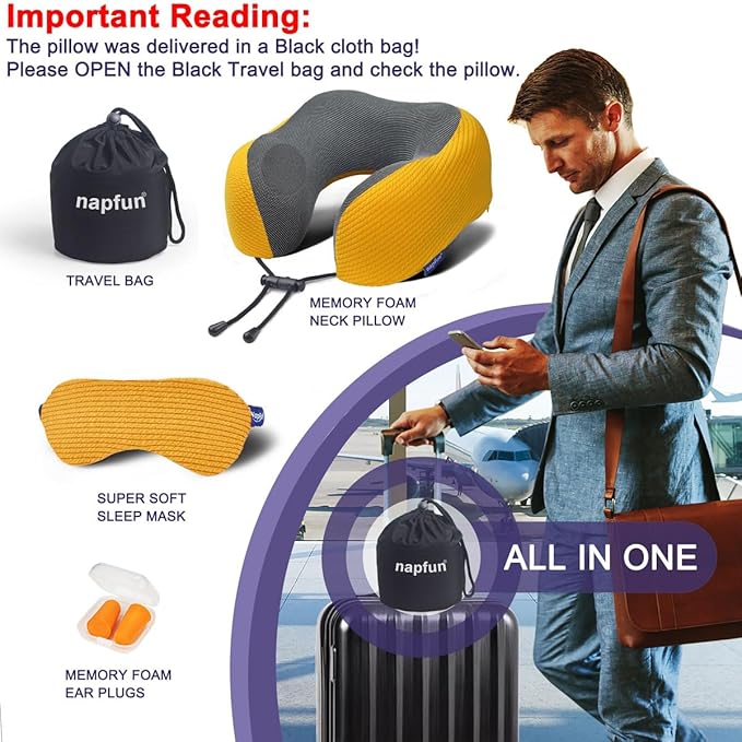 napfun Neck Pillow for Traveling, Upgraded Travel Neck Pillow for Airplane 100% Pure Memory Foam Travel Pillow for Flight Headrest Sleep, Portable Plane Accessories, Luxury Sets (Optional), Yellow