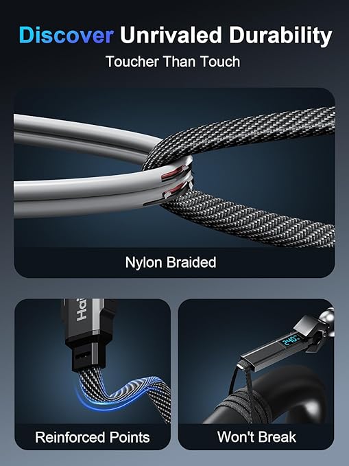 4 in 1 Charging Cable 3FT,240W USB C to USB C Cable Fast Charging Flat Braided iPhone Charger Cord Combo USB A/C to C/L with LED Display, Type C Charging Cord for iPhone 16/15,MacBook,iPad