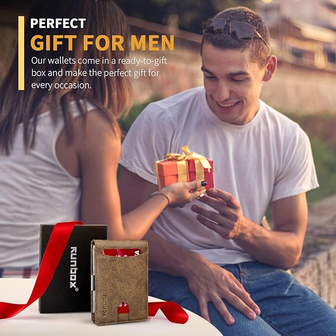 RUNBOX Money Clip Slim Wallets for Men RFID Blocking 11 Card Holder Minimalist Small Leather Bifold Men's Front Pocket Wallet Gift Box