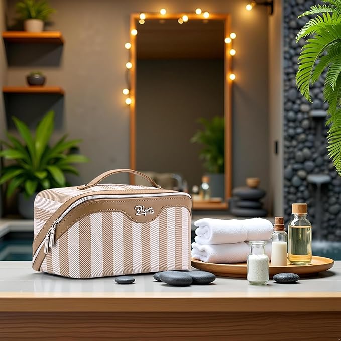 BOYATU Travel Makeup Bag for Women: Large Cosmetic Bag Set of 3 - PU Leather Make up Bag with Compartments - Compact Waterproof Toiletry Bag with Divider & Handle (B-6-Khaki)