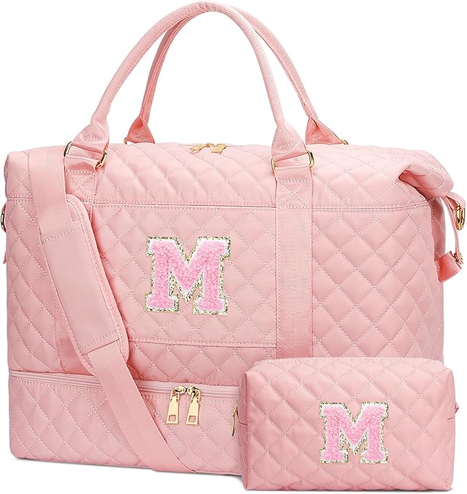 Gifts for Women Girls Initial Travel Duffle Bag Quilted Weekender Carry-On Overnight with Cosmetic Bag, Gym Bag with Shoe Compartment, Pink M