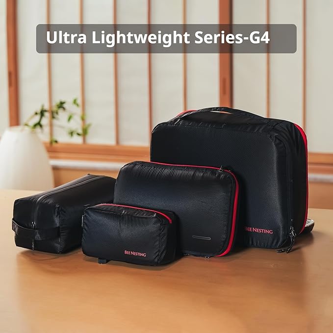 Bee Nesting BeeNesting Waterproof Compression Packing Cubes 5/6/8 sets, Large Travel Packing organizers for Carry on Luggage, 2 Sides Expandable Storage Bags (Black Red, S+M+XL+Lite)