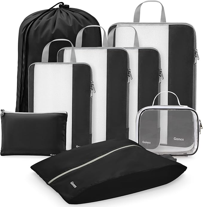 Gonex Expandable Mesh Packing Cubes - 8 Set Compression Organizer for Travel Essentials with Toiletry, Laundry, Shoe & Cable Bags - Black