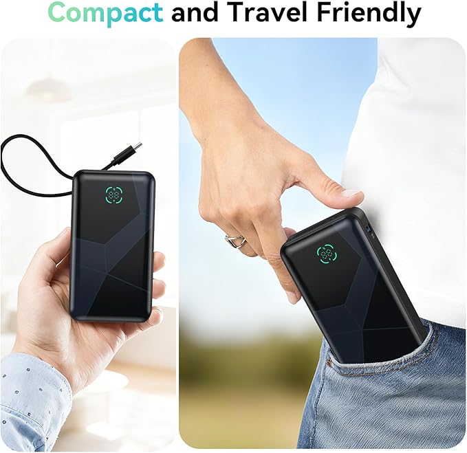 Power Bank, 10,000mAh Portable Charger PD 30W Fast Charging External Battery Pack with Built-in USB-C Cable, Travel Phone Charger with USB-C&A Output for iPhone 17 16 15, Ipad, Samsung, Google Etc