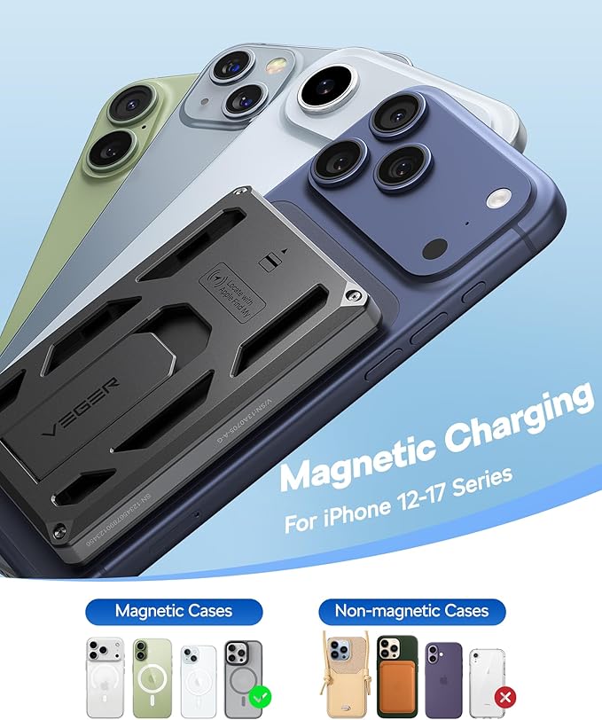 VEGER Portable Charger, Magnetic Power Bank with Phone Stand, Card Slot RFID Blocking, Global Tracking, 20W USB-C Fast Charging Powerbank, 15W Wireless Battery Pack for iPhone17/16/15/14/13/12 Black