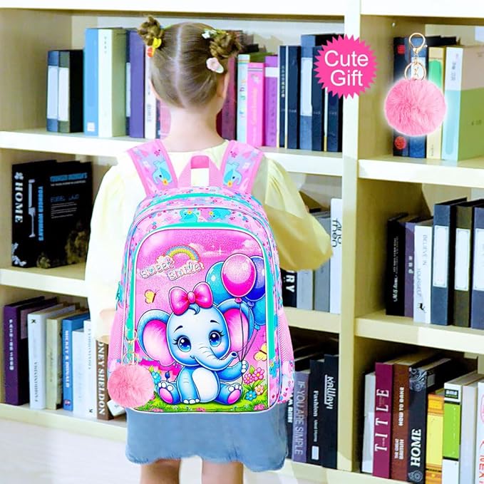 WZLVO 3PCS Backpack for Girls, 16'' Kids Elephant Bookbag with Lunch Box, Cute Animal Water Resistant School Bag Set for Elementary Kindergarten Preschool