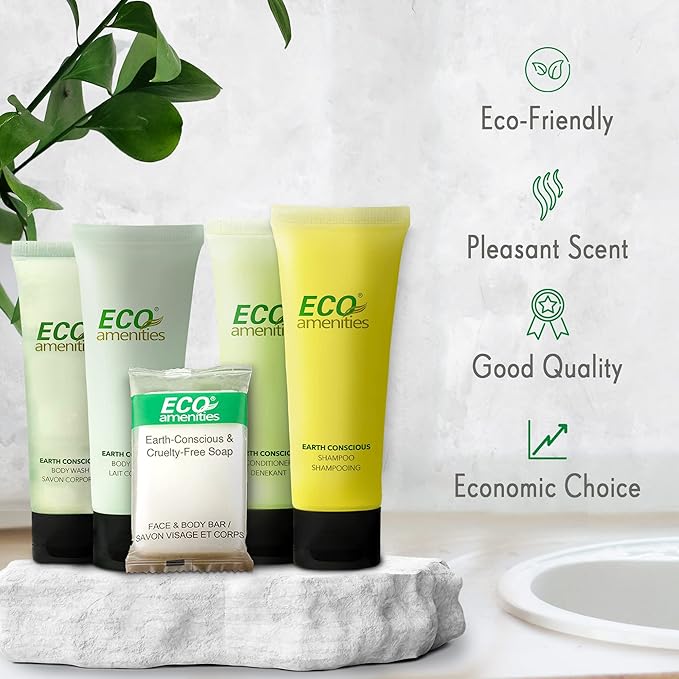 ECO amenities Travel Essentials Toiletry Kit - 150-Piece Hotel Toiletries Bulk Set - Shampoo & Conditioner Pack - Travel Body Wash & Bar Soap - 30ml Shampoo/Conditioner, 30ml Body Wash/Lotion,28g Soap