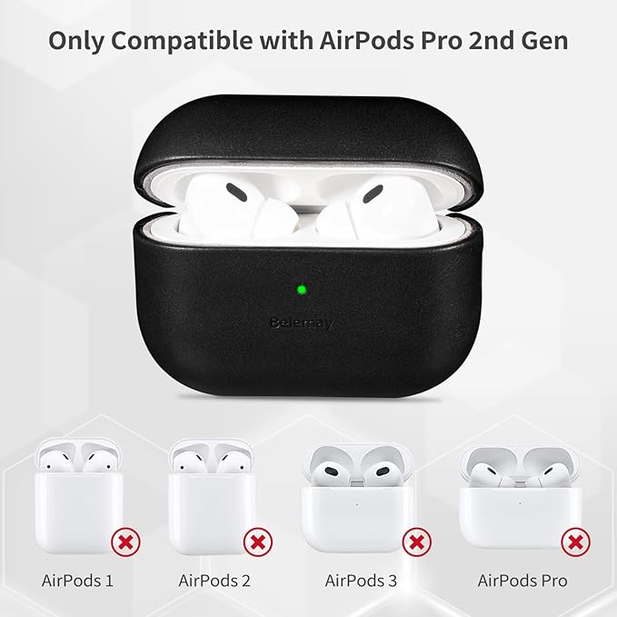 Belemay for AirPods Pro 2nd Generation Case, Compatible with MagSafe and Wireless Charging, Luxury Full-Grain Smooth Leather, Unique Patina, Comfort Grip, Compatible with Airpods Pro 2, Black