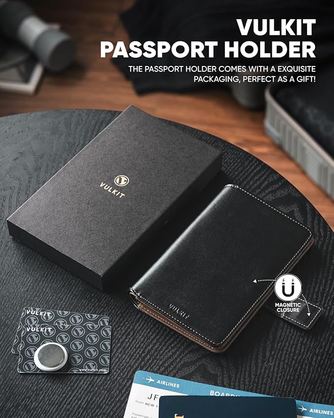 VULKIT Passport Holder with Airtag Holder RFID Blocking Passport Wallet Travel Leather Passport for Women(Black Brown)