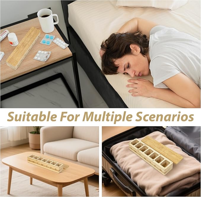 Wood Weekly Pill Organizer, 7 Day Bamboo Tablet Box Vitamin Dispenser, Portable Aesthetic Magnetic Pill Case Container Box for Vitamins Fish Oil Pills or Supplements Daily Travel