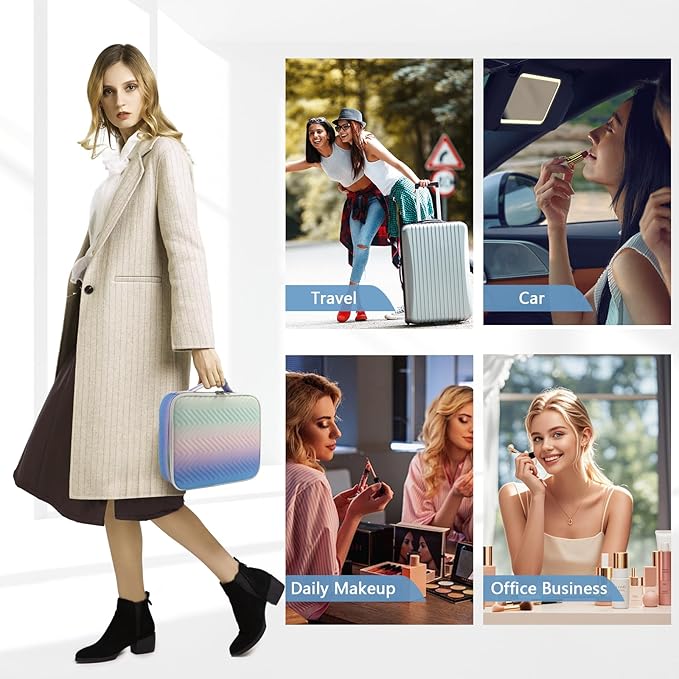 Travel Makeup Case 4 Layers Portable Makeup Train Case Cosmetic Bag Organizer Storage for Women with Adjustable Dividers and Shoulder Strap for Toiletry Travel Accessories(gradient purple)