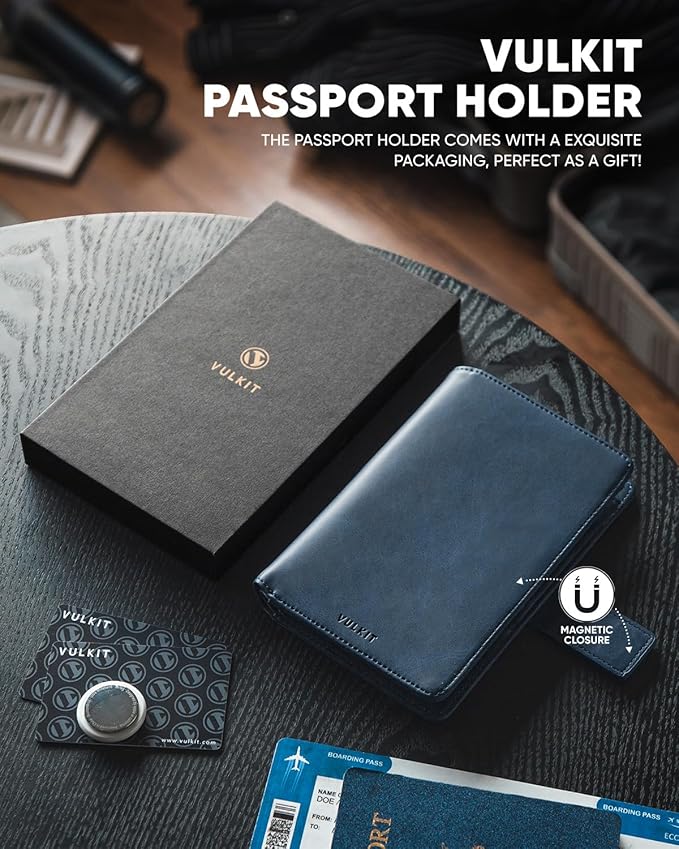VULKIT Passport Holder with Airtag Holder RFID Blocking Passport Wallet Travel Leather Passport for Women(Navy)