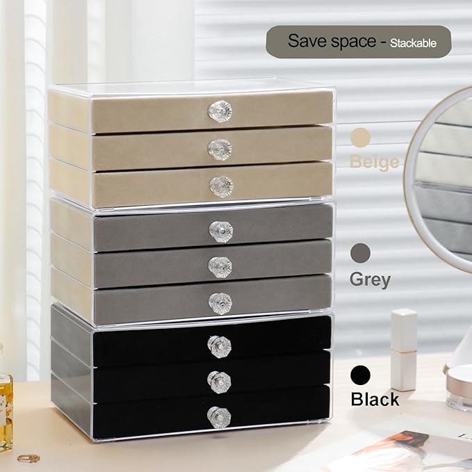 SPAKOWN Necklace Organizer Box, Velvet Necklace Box Holder Tray with Clear Lid Chains Showcase Stackable Necklace Storage for Pendant Bracelet (3 Drawers - Black)