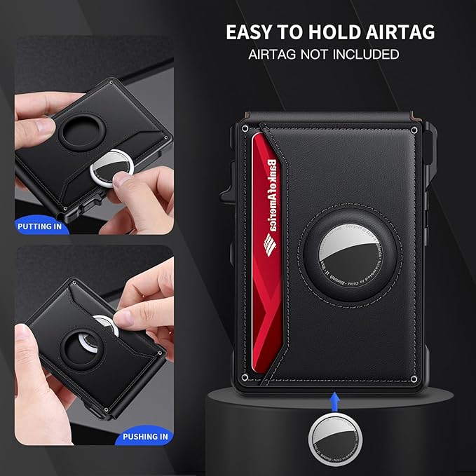 Airtag Wallet for Men, Mens Smart Wallet for Air Tag RFID Blocking, Minimalist Bifold Pop Up Aluminum Credit Card Case Holder 12+ Cards with ID Window, Gift for Men, No Airtag Included, Black
