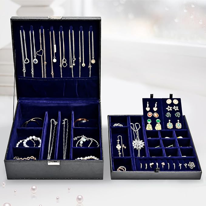 ProCase Jewelry Box for Women, 2 Layers Large Leather Jewelry Organizer Storage Case with Removable Pad for Earrings -Lizardblack