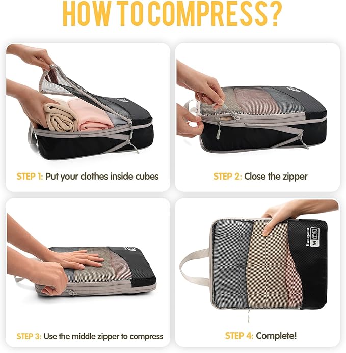 Compression Packing Cubes 8 Set, Dual Zipper Compression Packing Cubes for Travel, See-Through Mesh Packing Bags for Suitcases, packing cubes with shoe bag (Black)