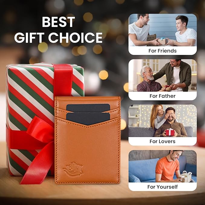 Premium Slim Leather Wallet for Men – RFID Blocking Minimalist Bifold Wallet with Money Clip, 11 Card Slots, Water-Resistant Men's Wallet in Carbon Fiber Design – Stylish and Secure Gift, Tan