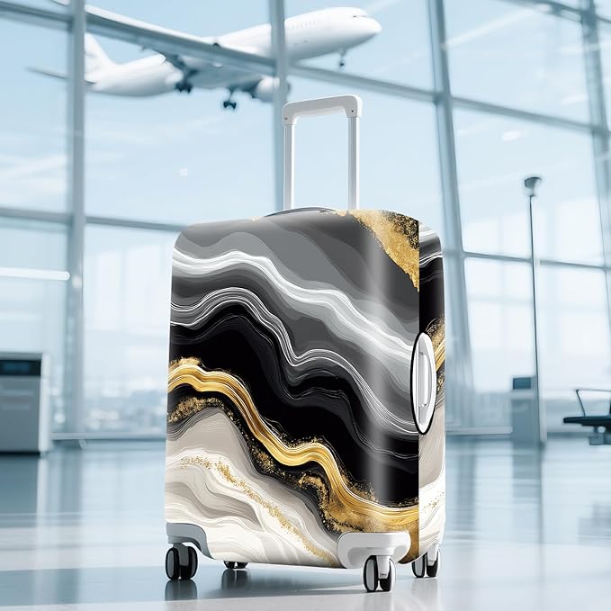 FOREVER QUEEN Gradient White Black Gold Marble Luggage Cover Suitcase Protector Suitcase Cover Anti-Scratch,Stretchable Bag Cover Washable Durable Polyester