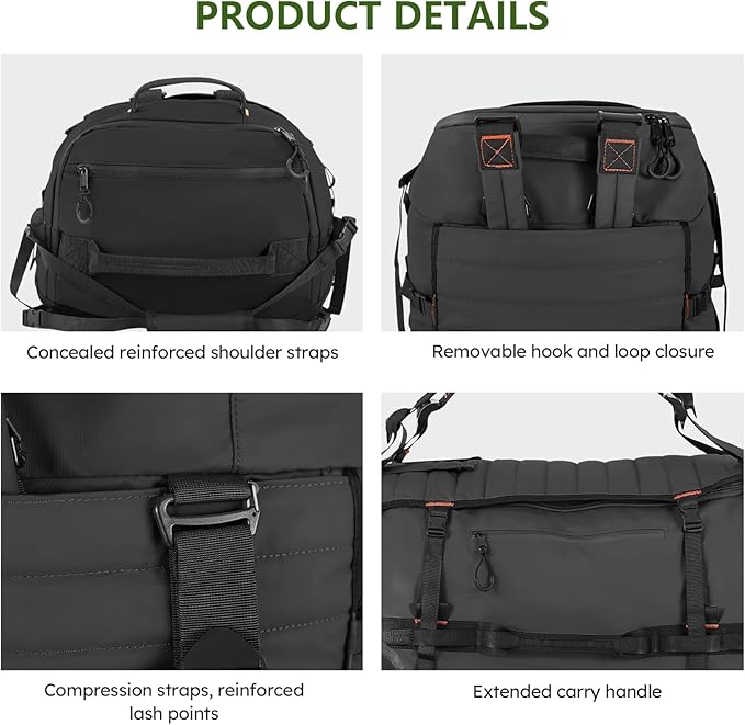 Vomgomfom 86L Collapsible Wheeled Luggage with Removable Backpack Straps,Waterproof Rolling Duffle Bag with Quilted Base,No Telescope Handle,Black