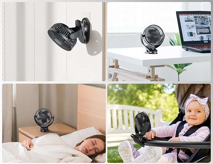 USB Personal Clip on Fan 5000mAh Battery Operated 6in, Type C, 3 Speed, 720° adjustment, Small Portable Fan for Table, Bedroom, Desk, dormitory, Camping, Stroller, Golf Cart