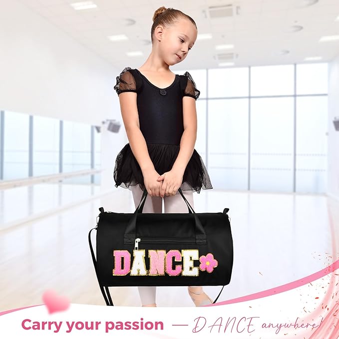 Dance Bag for Girls, KUIRAN 23L Waterproof Travel Duffel Bag with Colorful Chenille Letter, Lightweight Small Gym Sport Ballet Weekender Bag with Large Main Compartment - Black/White/Pink
