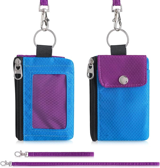 Minimalist Wallet For Mens Womens, Keychain RFID Blocking Zipper Small Wallet with ID Window 2 Lanyards,Water Resistant Travel Cash Card Coin Case Boys Girls