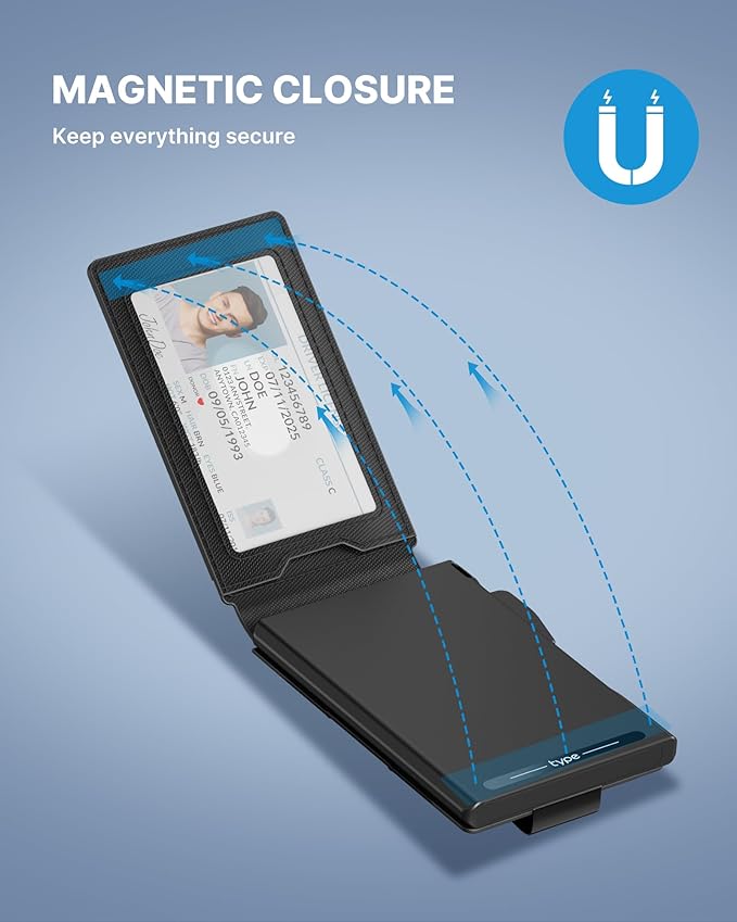 typecase Tactical Wallet for Men Card Holder: Pop Up Card Case, Genuine Leather, Smart, RFID Blocking, Slim, Minimalist, Thin, Front Pocket - 9-13 Card Capacitiy, ID Window, Money Clip (Dark Black)