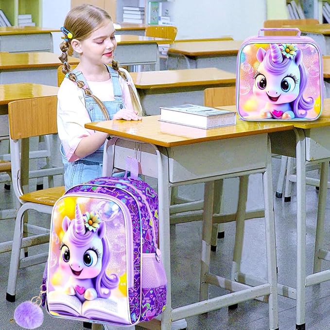 WZLVO 3PCS Unicorn Backpack, 16" Glittery UV Printing Girls Bookbag/School Bag with Lunch Box & Pencil Bag for Preschool to Elementary - Reading Unicorn Purple