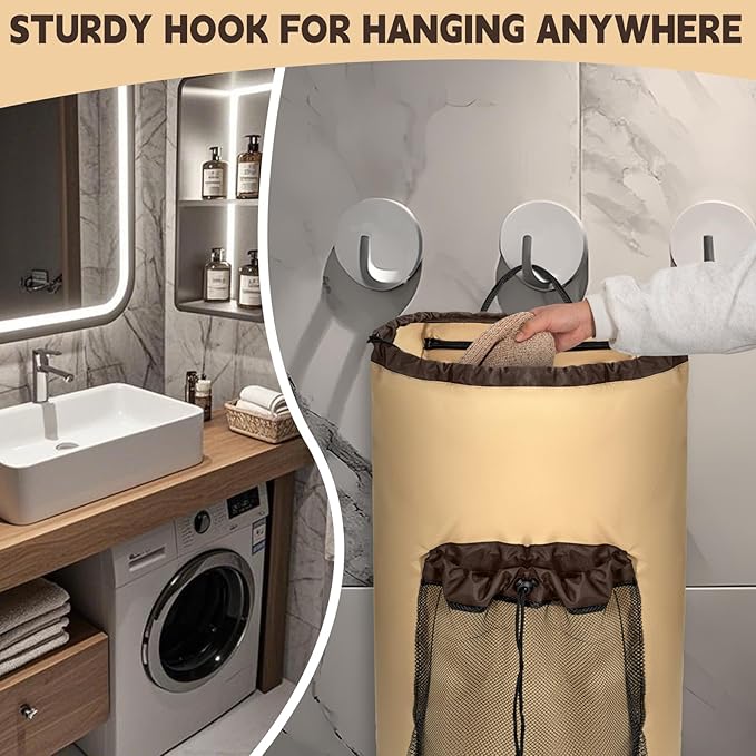 Laundry Bag Backpack with 3 Sizes Mesh Wash Bags and Shoulder Straps Foldable Clothes Hamper Bag with Drawstring Closure for College, Apartment, Laundromat (Brown)