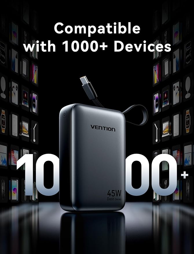 VENTION 45W Power Bank, CCC Certified 20000mAh with Built-in USB-C Cable, Fast Charging Travel Portable Charger with LED Digital Display for iPhone 17/16/15 Xiaomi Galaxy S26/S25 iPad Laptop(Beige)