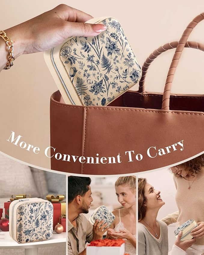 Bistup Travel Jewelry Case - Small Jewelry Organizers and Storage Box for Women Girls Teens Cute Traveling Jewelry Holder with Mirror Little Tiny Compact Modern Unique Aesthetic Pretty, Blue Floral