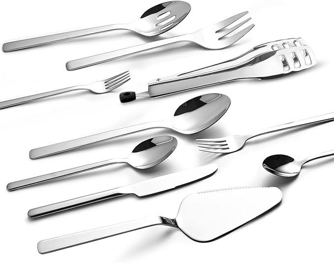 KINGSTONE Silverware Set With Serving Utensils, 65 Piece Flatware for 12, 18/10 Cutlery With 5 Piece Serving Utensil Set - Modern and Original Design, Dishwasher Safe