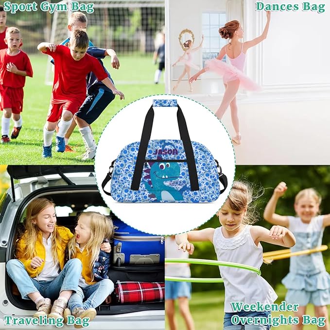 Personalized Duffel Bag for Kids Girls Boys, Dinosaur Custom Name Gym Bag Overnight with Padded Handles Carry On Weekend Sports Travel Bag for School Practice Gymnastics Ballet
