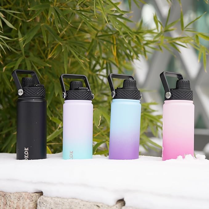 BJPKPK 2 Pack Insulated Water Bottles with Straw Lids, 18oz Stainless Steel Metal Water Bottle with 6 Lids, Leak Proof BPA Free Jugs, Cups, Flasks for Travel, Sports (Army Green+Mint)