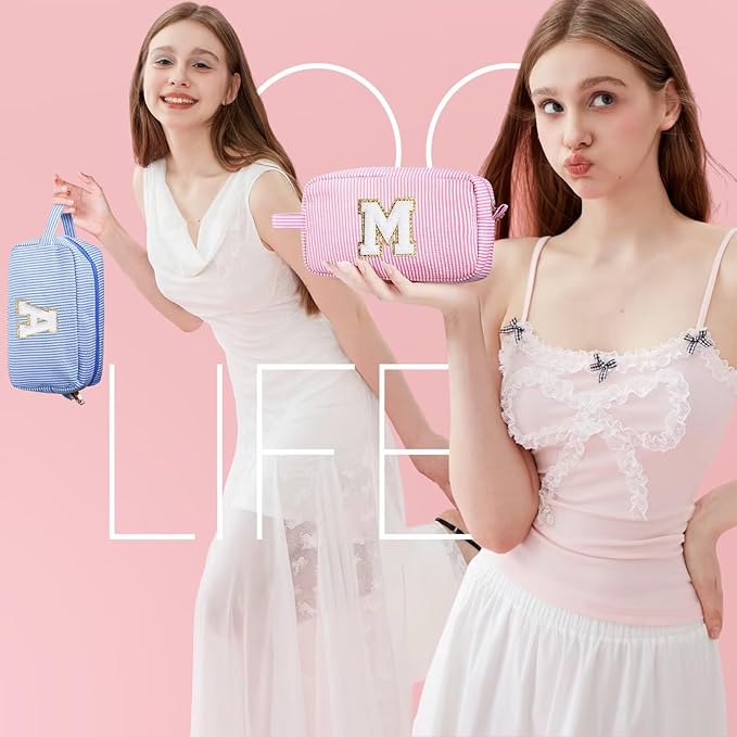 YOOLIFE Blue Cosmetic Travel Makeup Bag - Monogram Cute Initial Makeup Bags Cosmetic Toiletry Pouch Make Up Case for Women Her Best Friend Friendship Teacher, Personalized Birthday Gifts for Women V