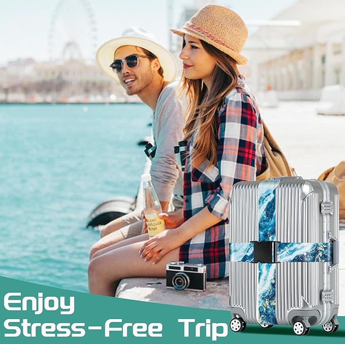 Slohif Luggage Straps for Suitcases Travel Belt Accessories Luggage Connector Identifiers Over Handle with Buckle Unique Nylon Adjustable Strap for Sleeping Bag Car Seat Sea Wave (2 Pack)